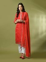 Thumbnail for Myshka Women's Red Printed Kota Straight Party Kurta Set With Dupatta - Distacart