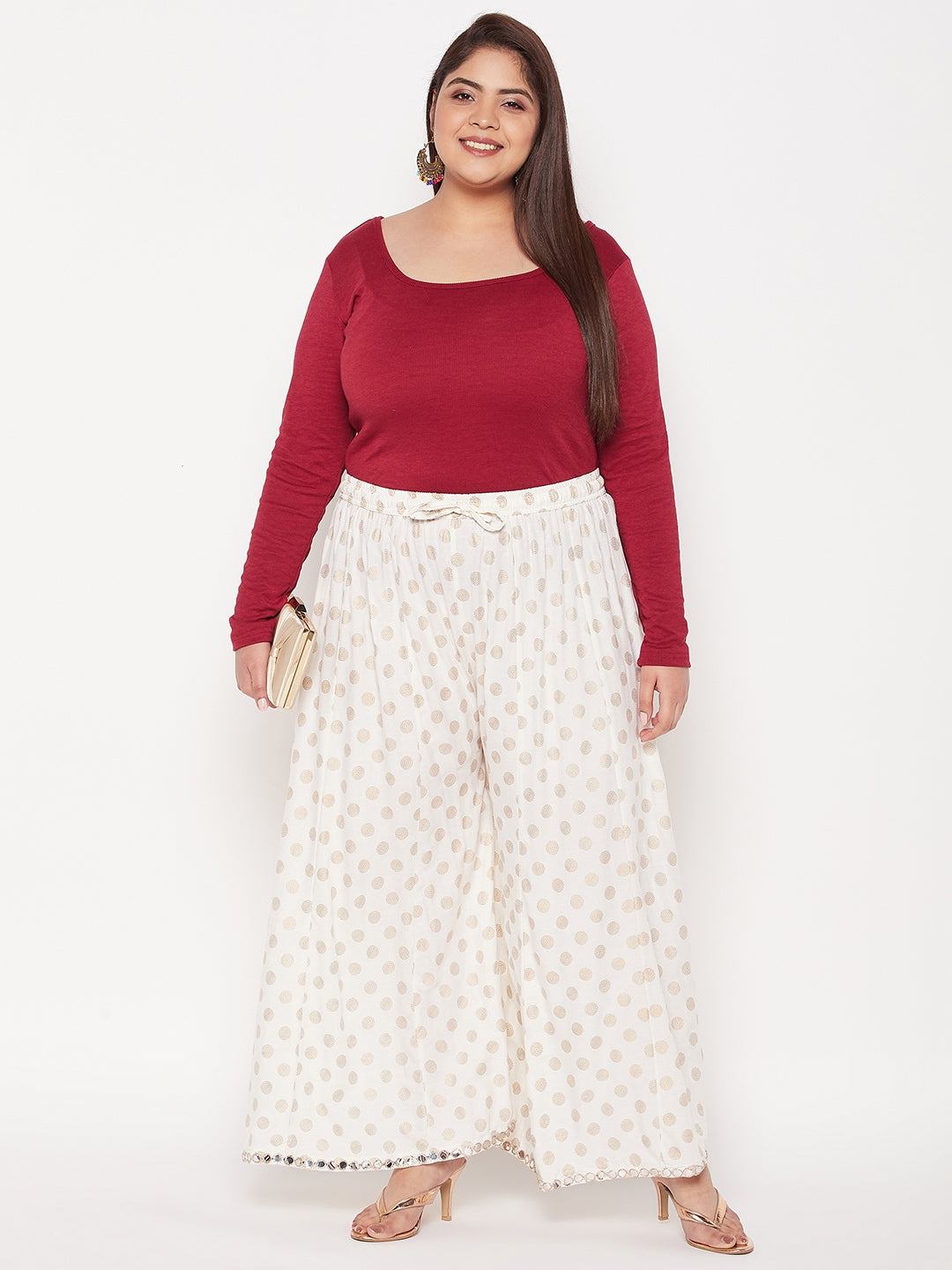 Wahe-NOOR Cream Polka Dot Rayon Sharara