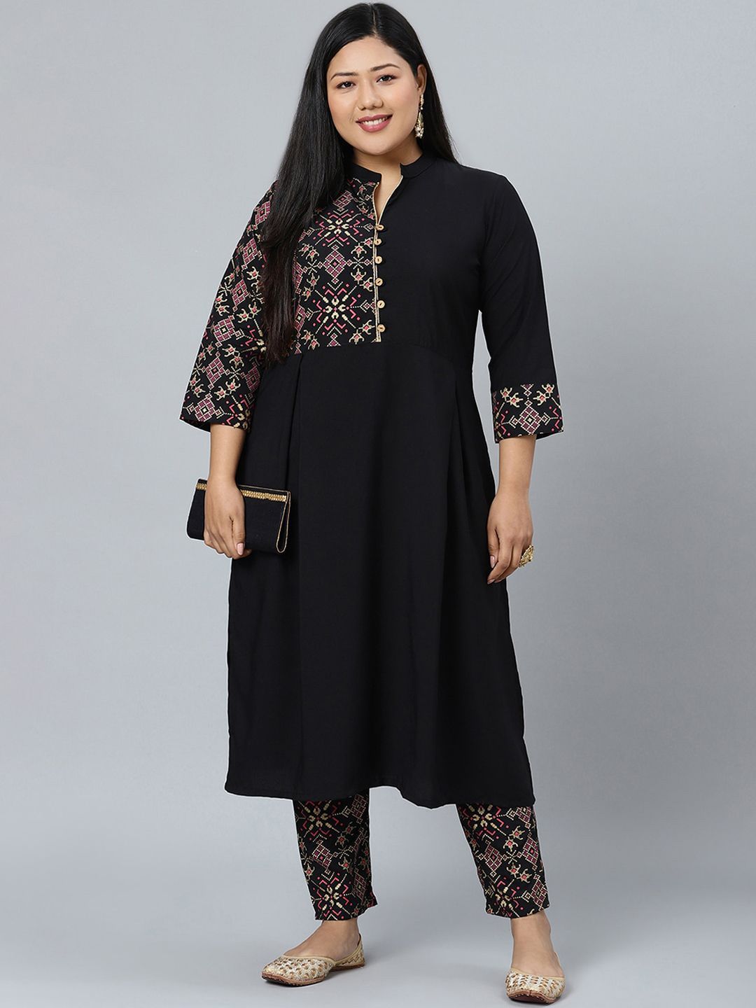 Sztori Plus Size Geometric Printed Mandarin Collar Straight Kurta With Trouser - Distacart