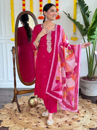 Thumbnail for Lyush Women Party Wear Embroidery Worked Kurta With Pant And Dupatta Set - Red