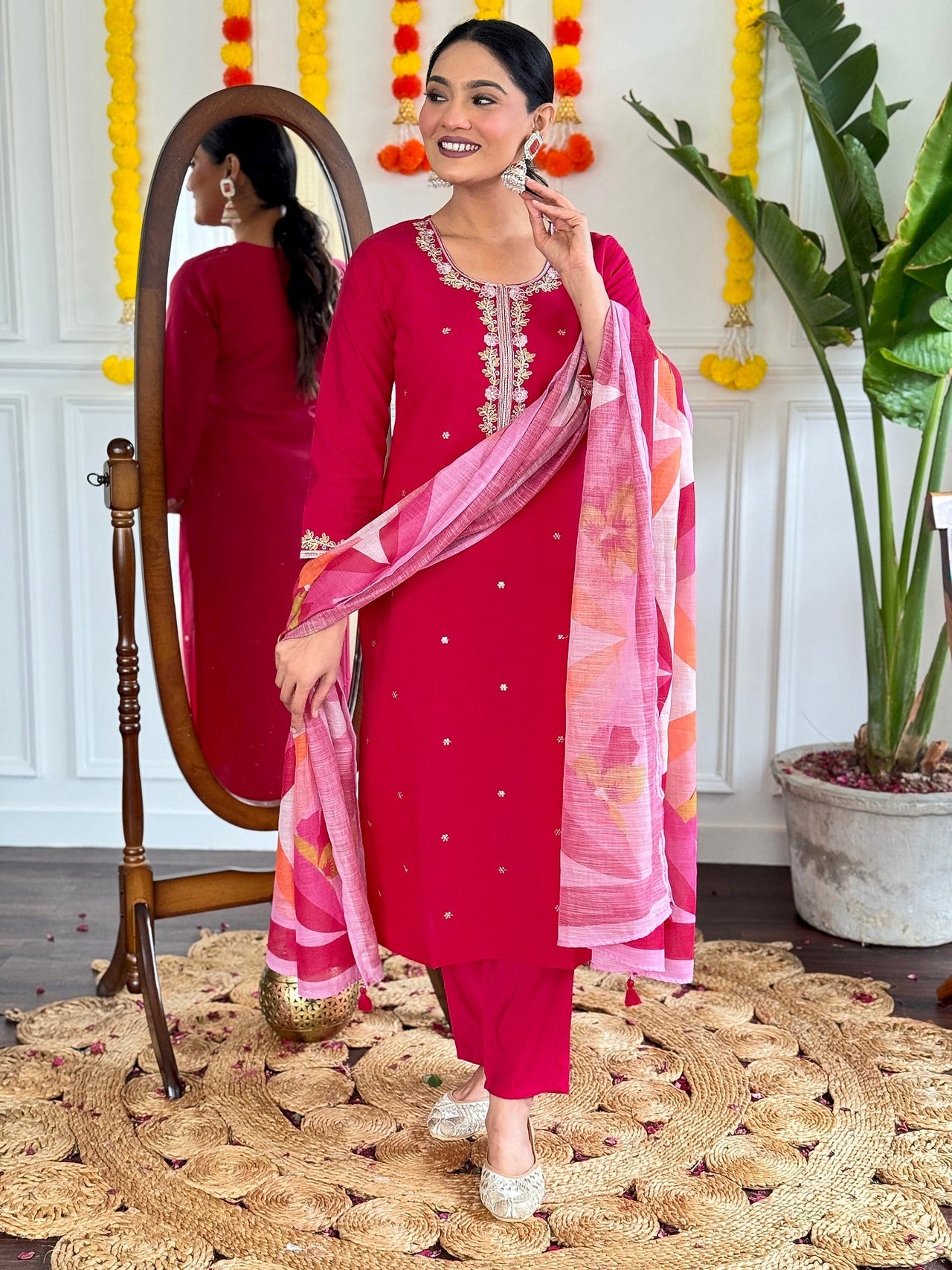 Lyush Women Party Wear Embroidery Worked Kurta With Pant And Dupatta Set - Red