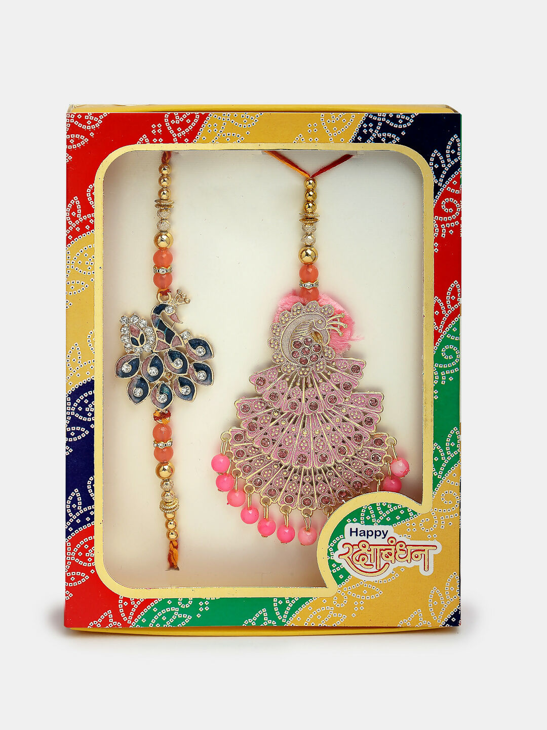 NVR Women & Men Set of 2 Multicolor Peacock Design Stone-Studded & Beaded Bhaiya Bhabhi Rakhi With Roli Chawal & Chocolate - Distacart