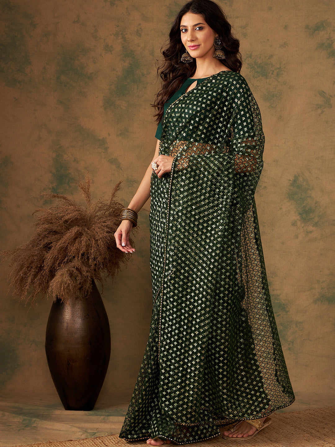 NOZ2TOZ Women Party Wear Heavy Net Saree with Unstitched Blouse - Ovine Green