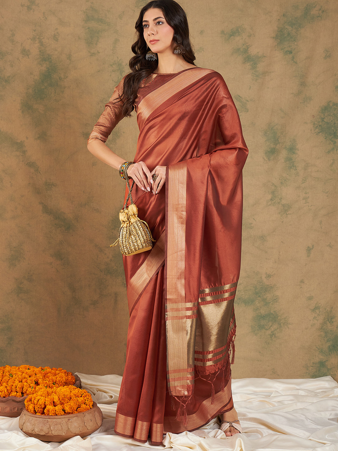 NOZ2TOZ Women Party Wear Cotton Organza Saree with Unstitched Blouse - Rust