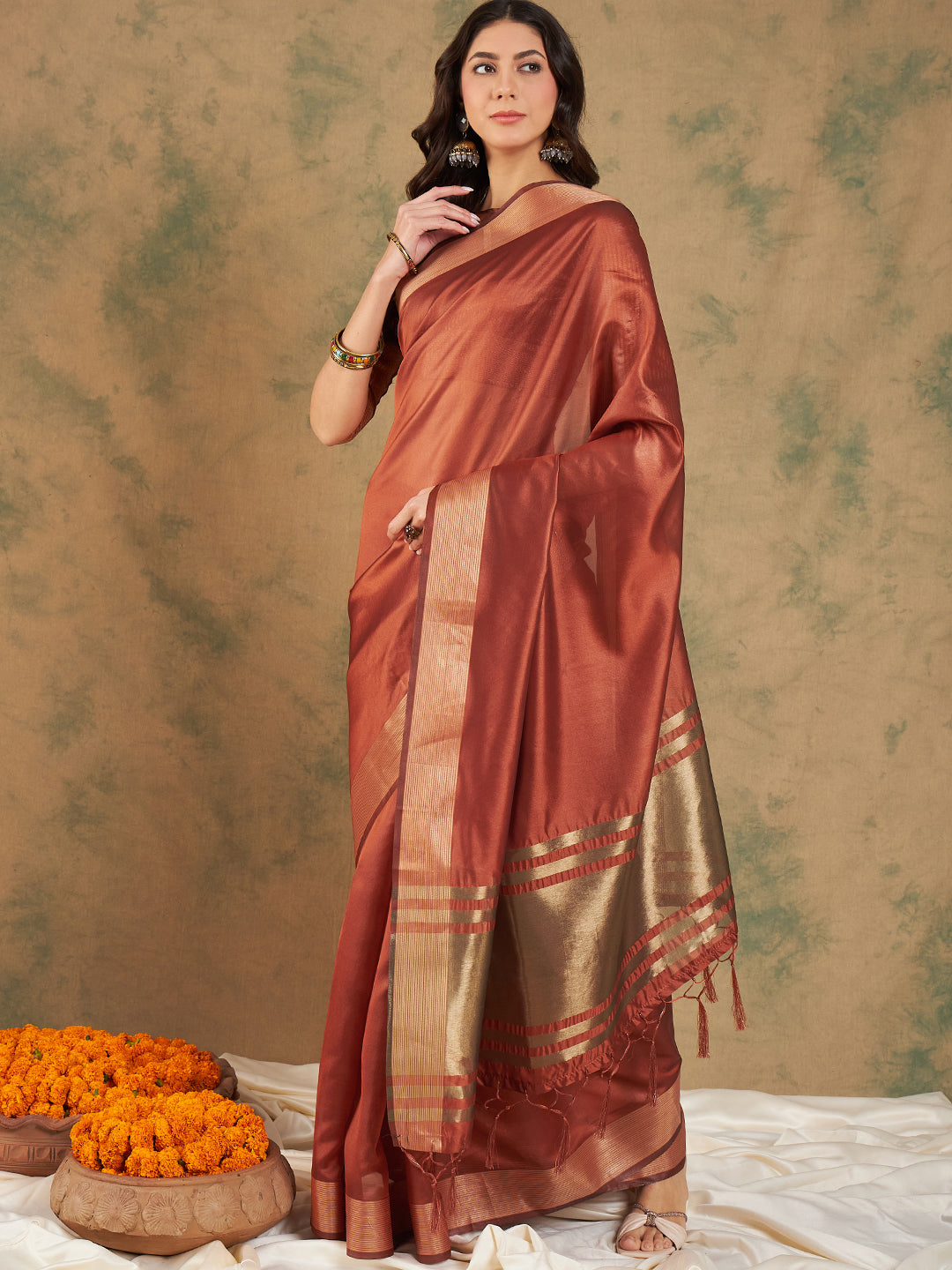NOZ2TOZ Women Party Wear Cotton Organza Saree with Unstitched Blouse - Rust