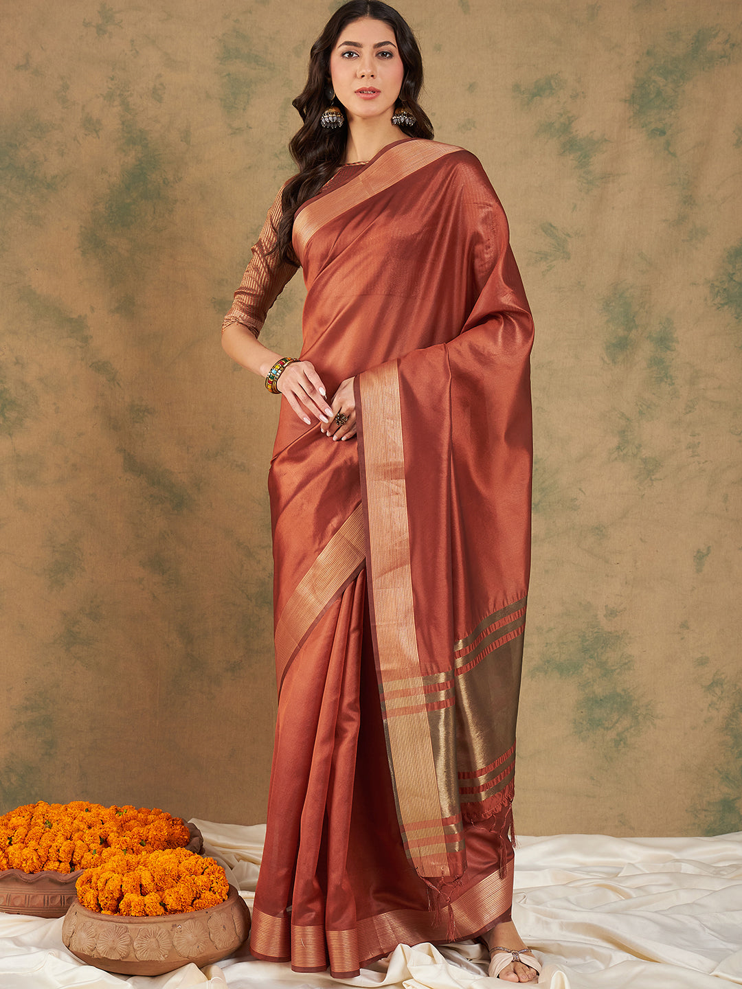 NOZ2TOZ Women Party Wear Cotton Organza Saree with Unstitched Blouse - Rust