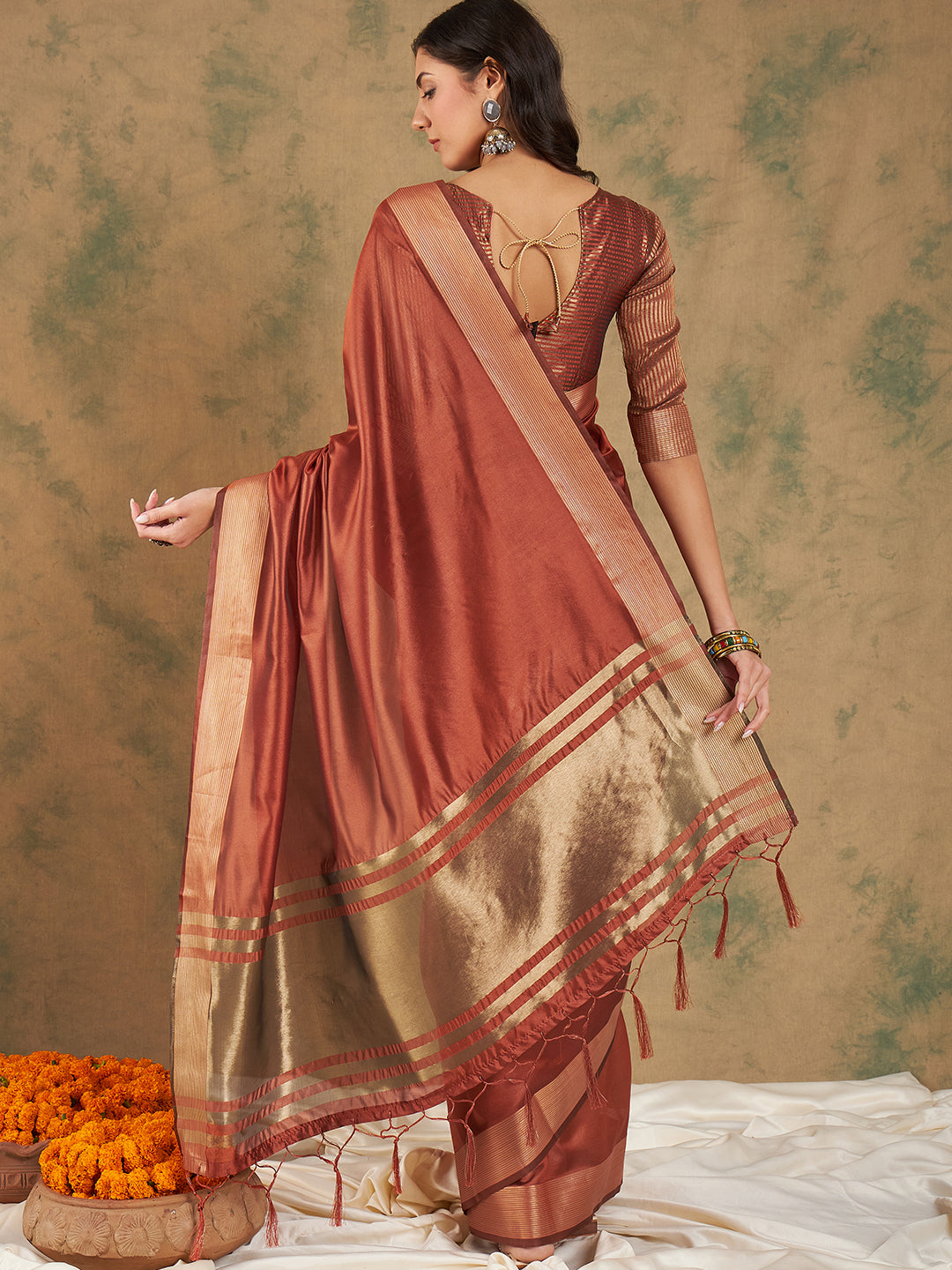 NOZ2TOZ Women Party Wear Cotton Organza Saree with Unstitched Blouse - Rust