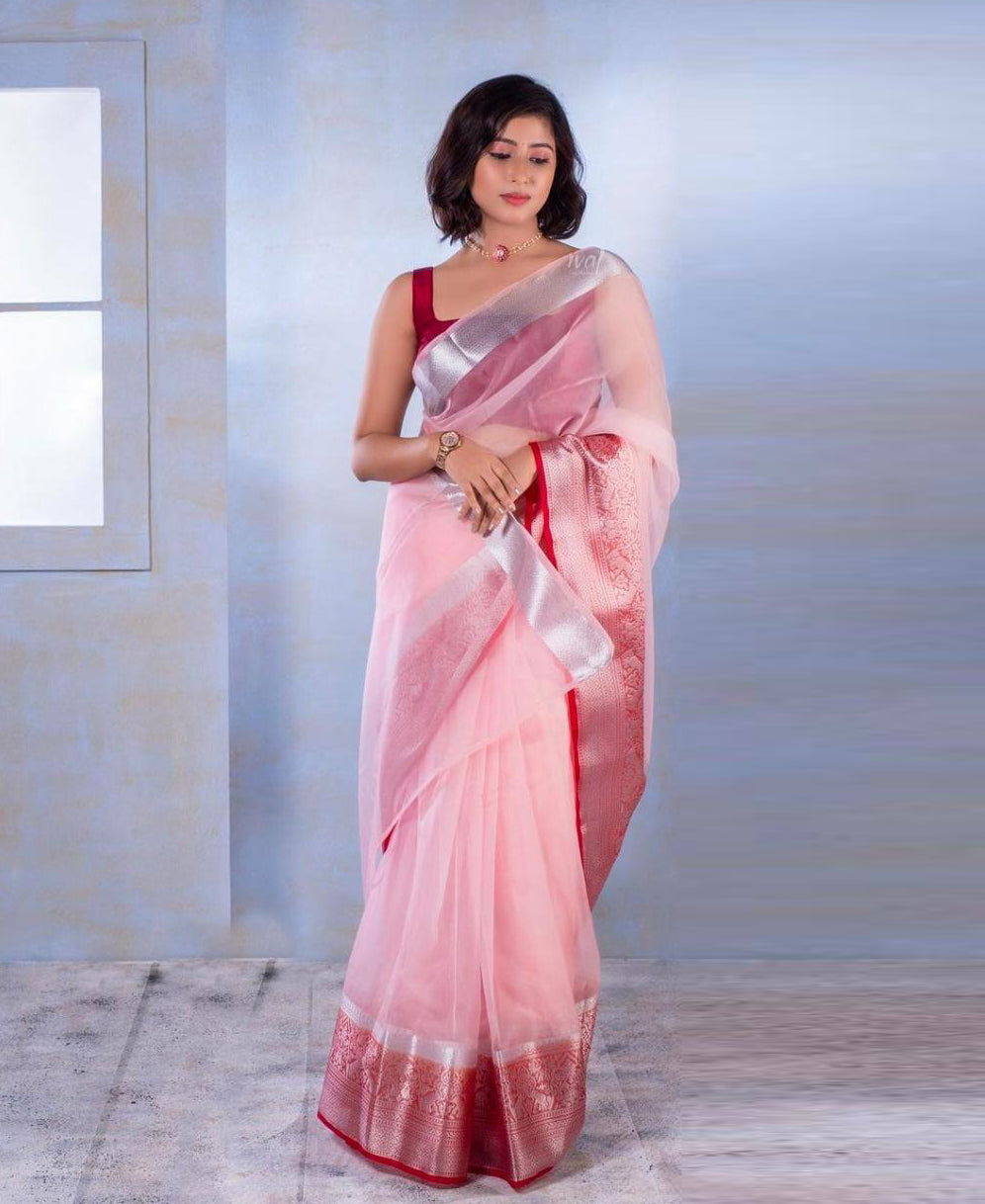 NOZ2TOZ Women Red Nylon Organza Zari Weaving Saree
