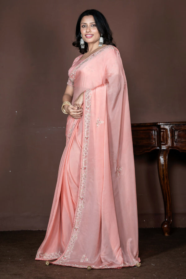 Morchari Peach Chiffon Hand Embroidery Saree Stitched Blouse