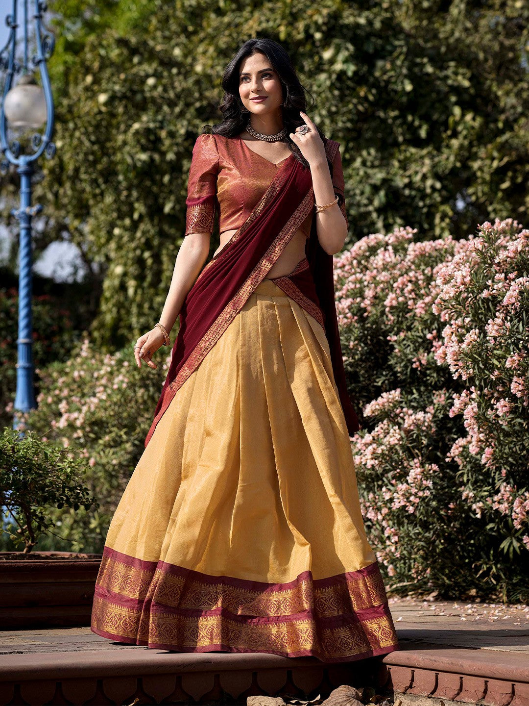 Evanik Women South-Style Kanchipuram Silk Stitched Lehenga With Unstitched Blouse & Dupatta