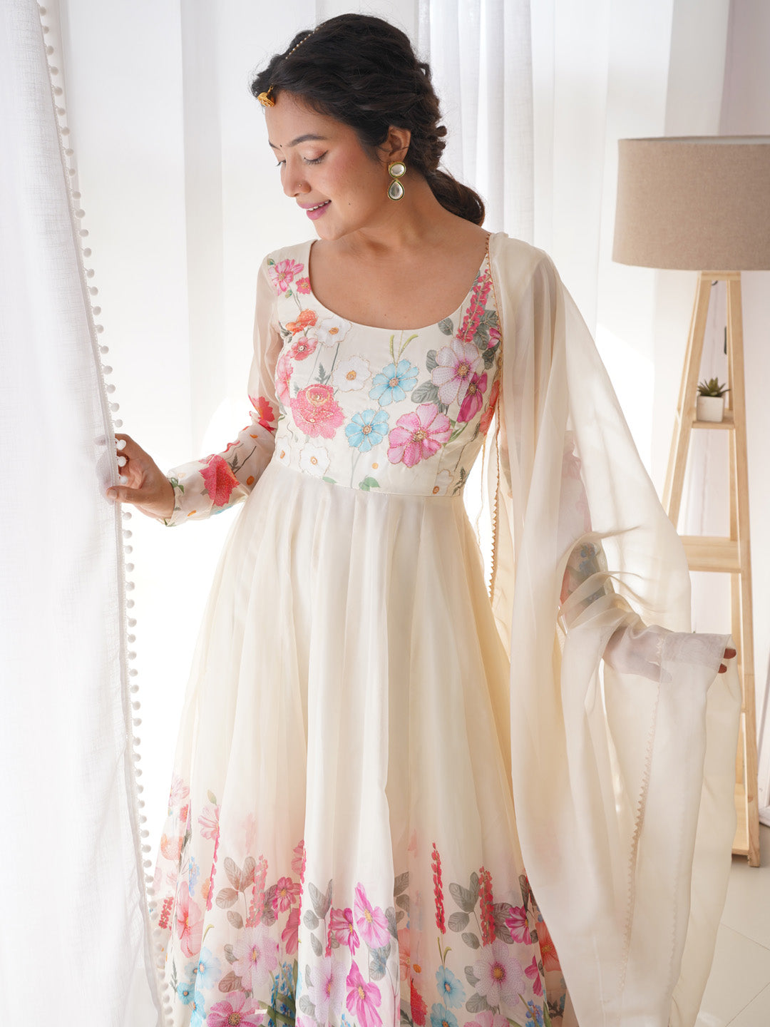 Evanik Cream Soft Organza Silk With Floral Print Fully Flared Anarkali Pant With Dupatta Set