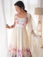 Thumbnail for Evanik Cream Soft Organza Silk With Floral Print Fully Flared Anarkali Pant With Dupatta Set