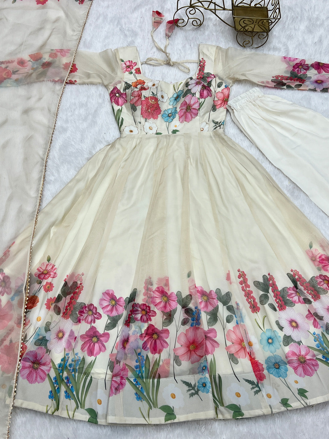 Evanik Cream Soft Organza Silk With Floral Print Fully Flared Anarkali Pant With Dupatta Set