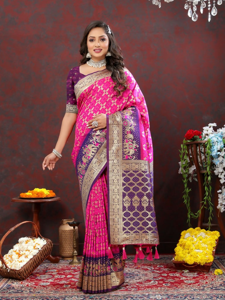 Vastranavya Pink Soft Patola Silk With Meenakari Weaving Motifs And Rich Zari Weaving Pallu Saree With Matching Blouse Fabric - Distacart