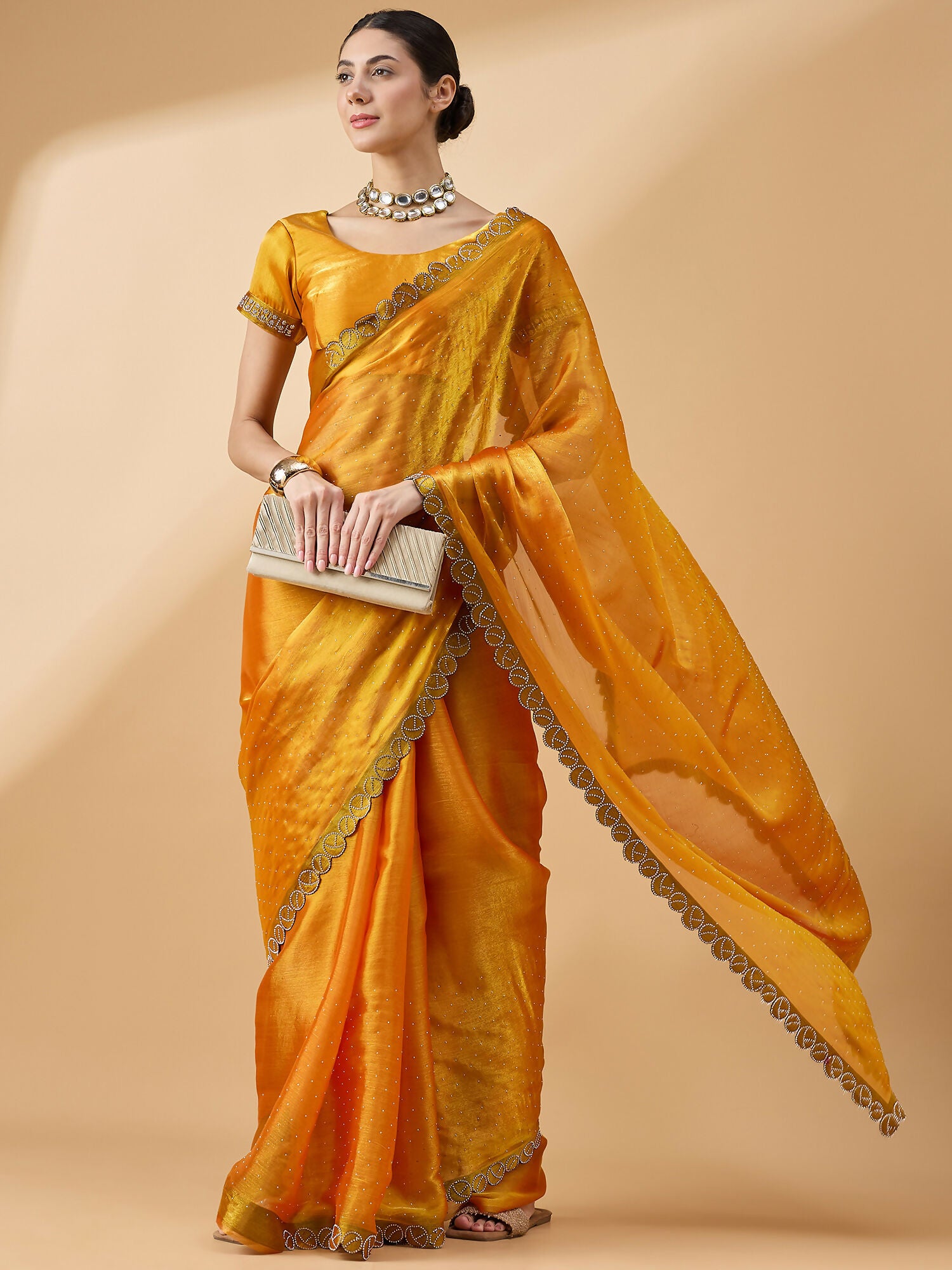 Mustard Organza Swaroski Diamond Work Saree with Unstitched Blouse - Radha - Distacart