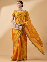 Thumbnail for Mustard Organza Swaroski Diamond Work Saree with Unstitched Blouse - Radha - Distacart