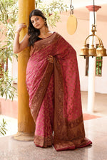 Thumbnail for Joban Fashion Dark Pink Crepe Chiffon Pure Handloom Banarasi Silk Saree