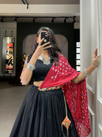 Thumbnail for Vastranavya Navaratri Special Pure Cotton Plain With Gotta Patti Touch Up Lehenga Stitched Choli - Black - Distacart