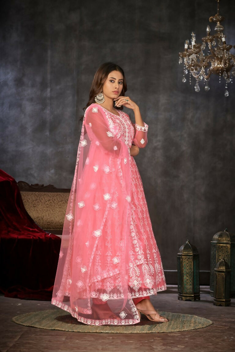 Jyoti Fashion Women's Baby Pink Net Embroidered Anarkali Kurta Pant Set With Dupatta