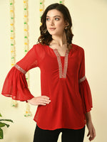 Thumbnail for Myshka Women's Red Embroidered Party Fusion Top - Distacart
