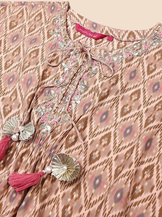 Anubhutee Pink & Brown Printed Kaftan Kurta With Trousers - Distacart