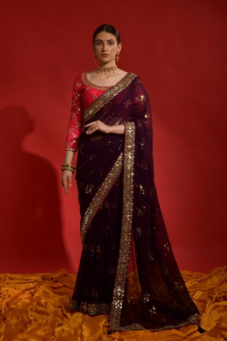 Aastha Fashion Wine Soft Georgette sequins embroidery work with lace border Saree