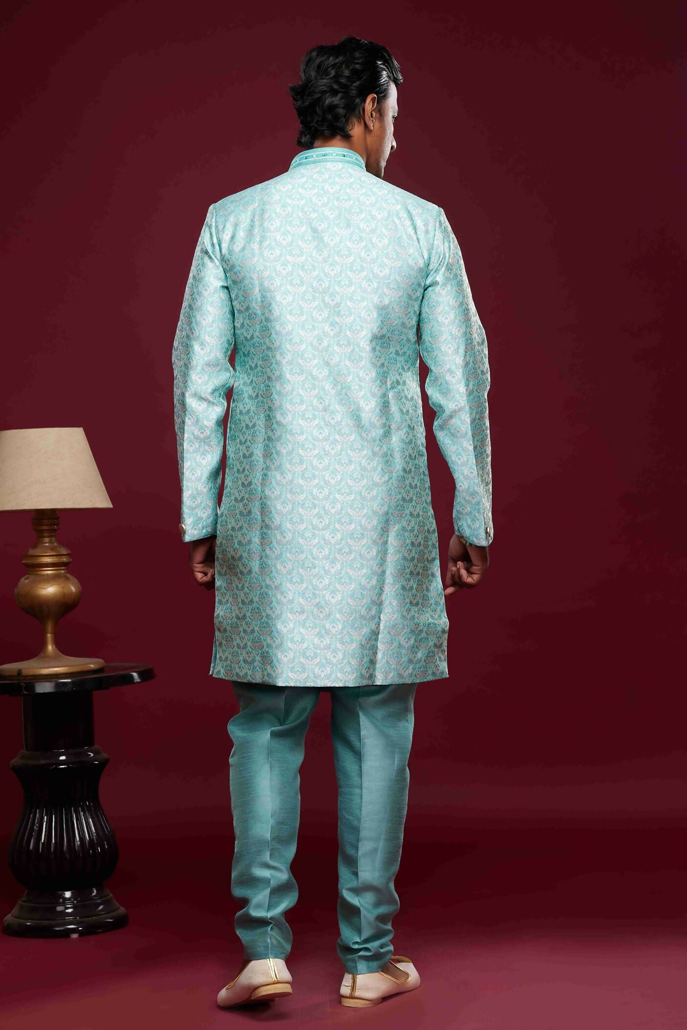 Raivat Ethnic Banarasi Jacquard Embroidery Semi Indo Western Sherwani In Sky Blue Colour