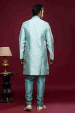 Thumbnail for Raivat Ethnic Banarasi Jacquard Embroidery Semi Indo Western Sherwani In Sky Blue Colour