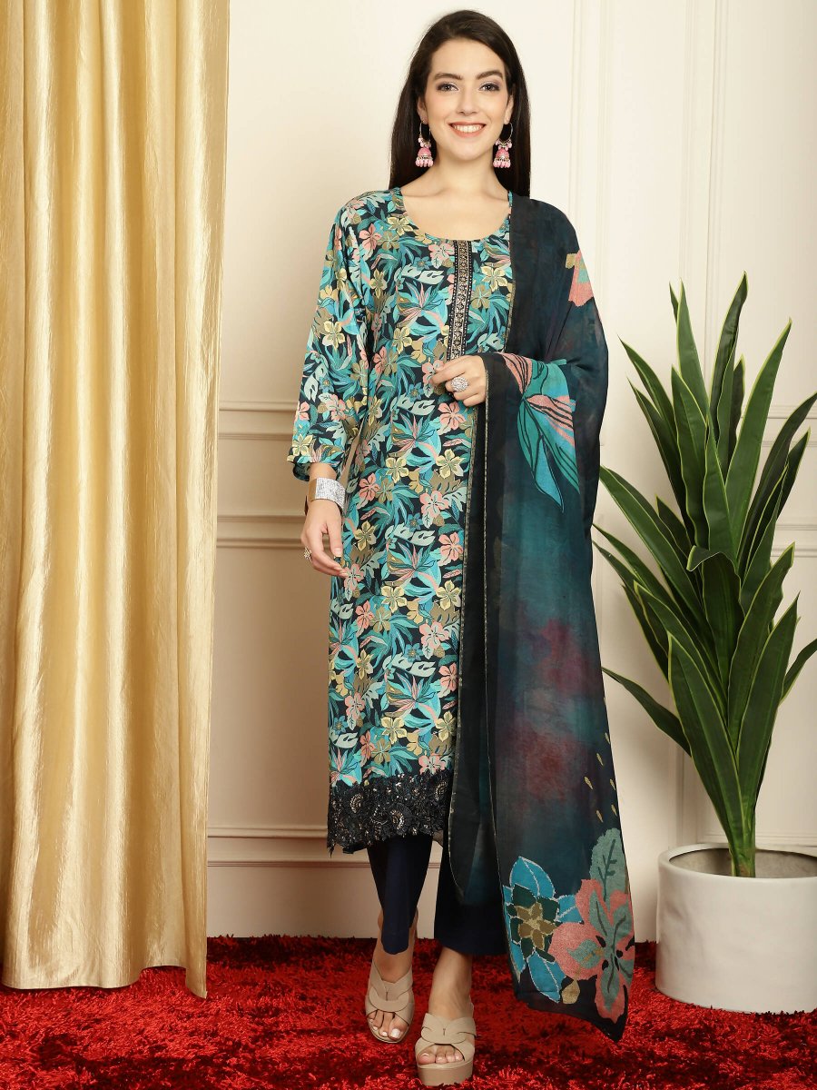 Aastha Fashion Women's Navy Blue Muslin Digital Printed with Embroidered Lace work Kurta with Trouser & Dupatta - Distacart