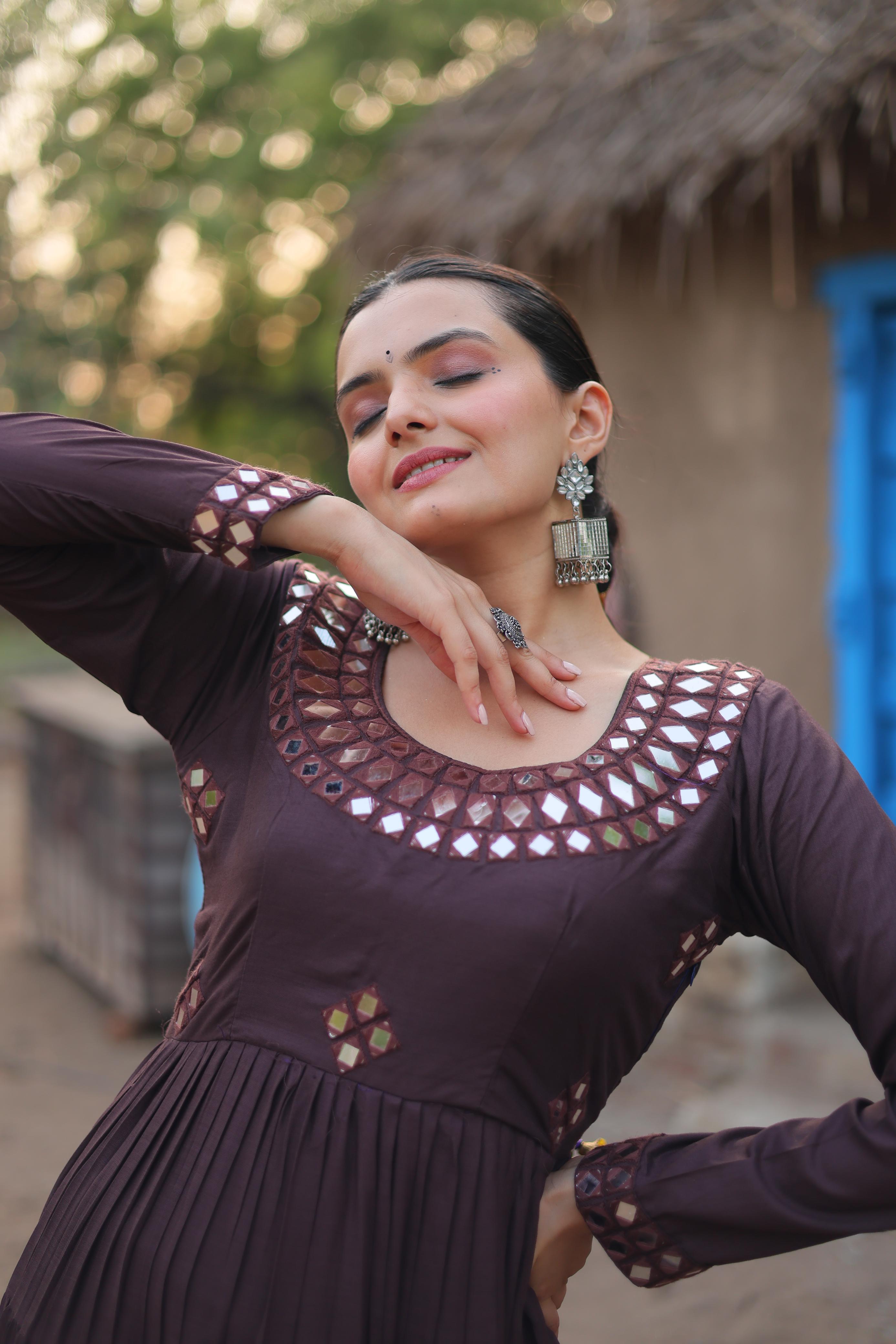 Lorenvalley Chocolate Rayon Fabric With Real Mirror Work Gown - Distacart