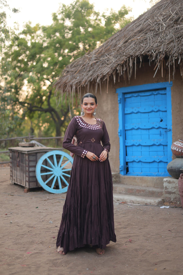 Lorenvalley Chocolate Rayon Fabric With Real Mirror Work Gown - Distacart