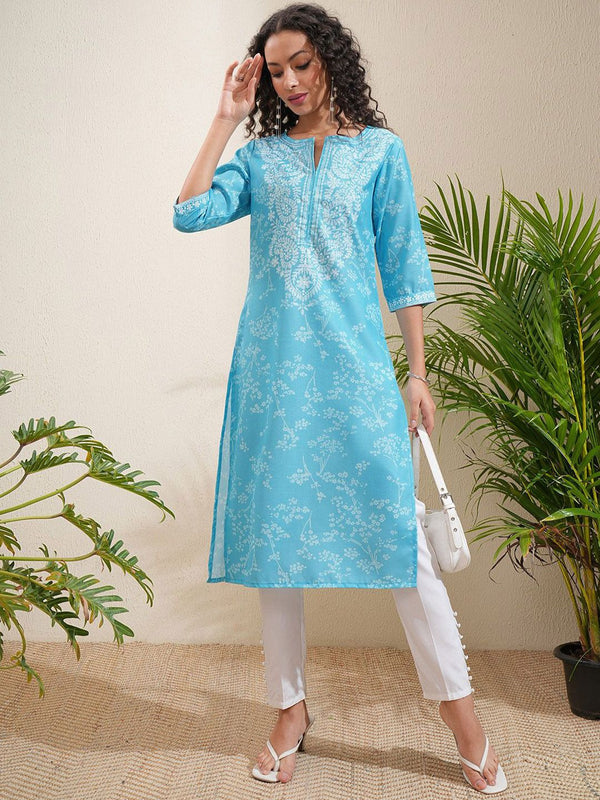 Vishudh Blue Paisley Printed Notch Neck Straight Kurta - Distacart