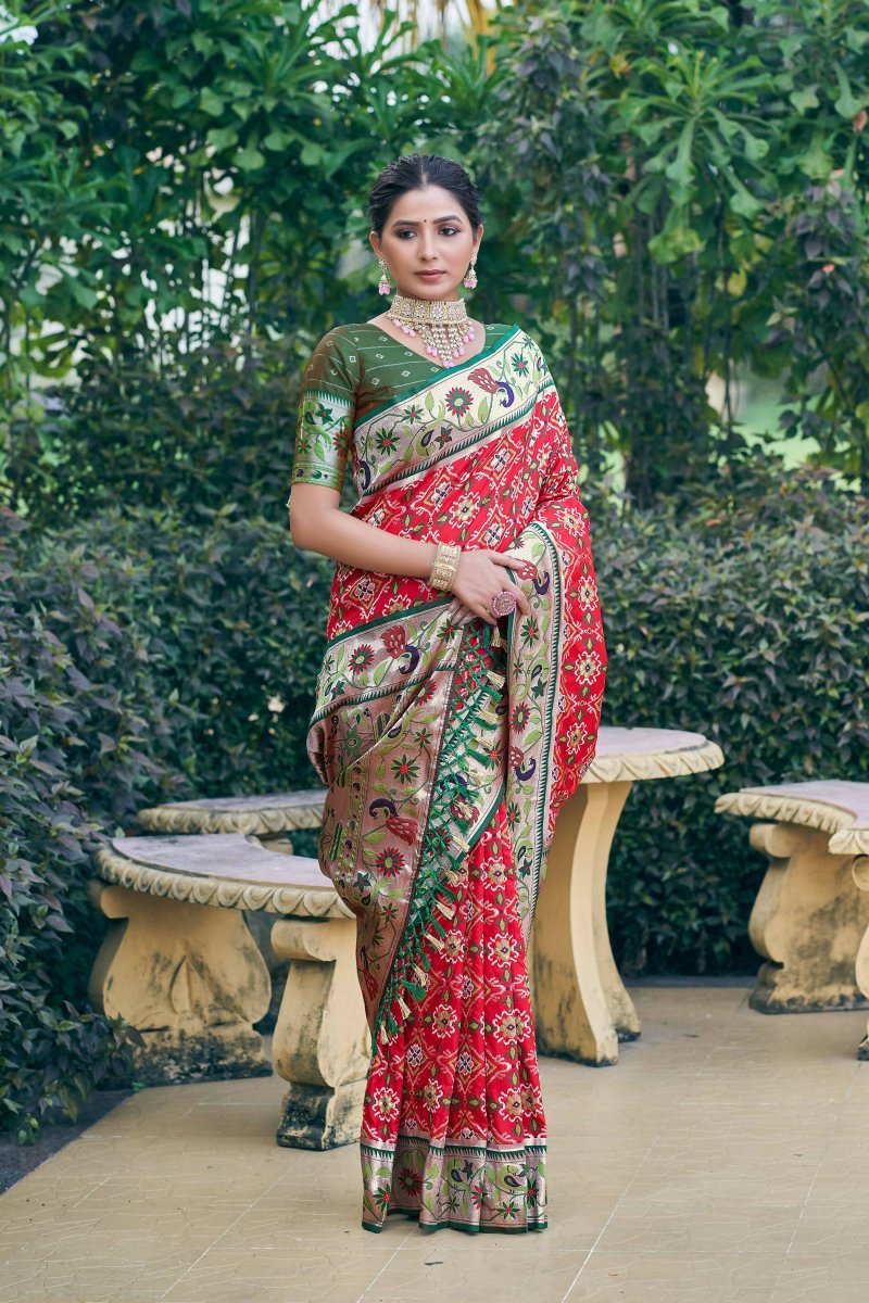 Aastha Fashion Red Woven Patola Silk Saree with Blouse - Distacart