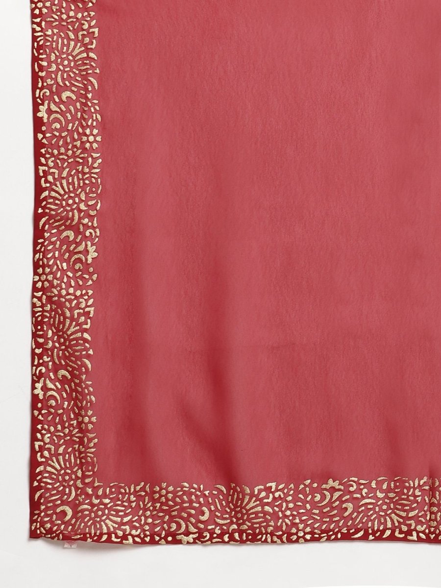 Ahalyaa Women's Maroon Georgette Gold Foil Print Flared Kurta With Dupatta
