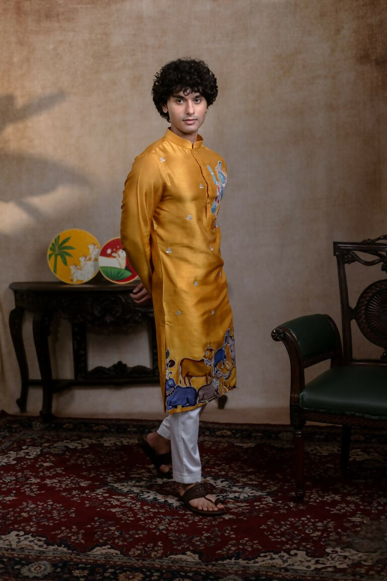 Falling Raw Silk Yellow Mural Krishna By Hilo Design