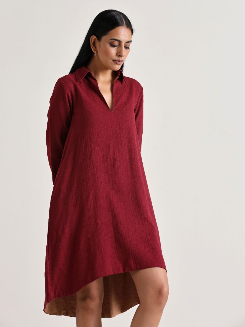 trueBrowns Maroon Short Collared Dress - Distacart