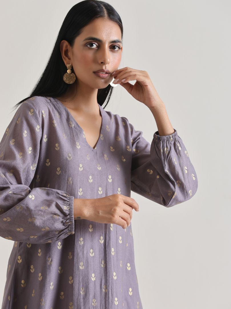 trueBrowns Plum Grey Foil Short Co-Ord Set - Distacart