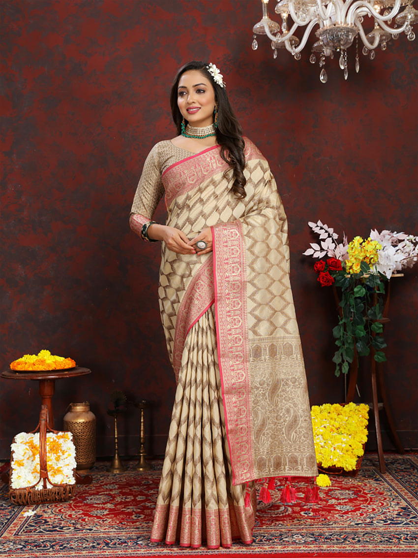 Lorenvalley Fashion Cream Soft Katan Silk Woven Design Rich Zari Weaving Pallu Saree