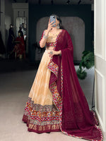 Thumbnail for Lorenvalley Fashion Cream Tasar Silk Print with Foil Work and Real Mirror Gamthi Work with Lace Touch Up Lehenga Choli with Dupatta