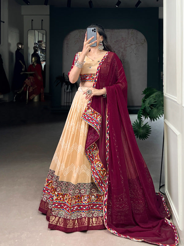 Lorenvalley Fashion Cream Tasar Silk Print with Foil Work and Real Mirror Gamthi Work with Lace Touch Up Lehenga Choli with Dupatta