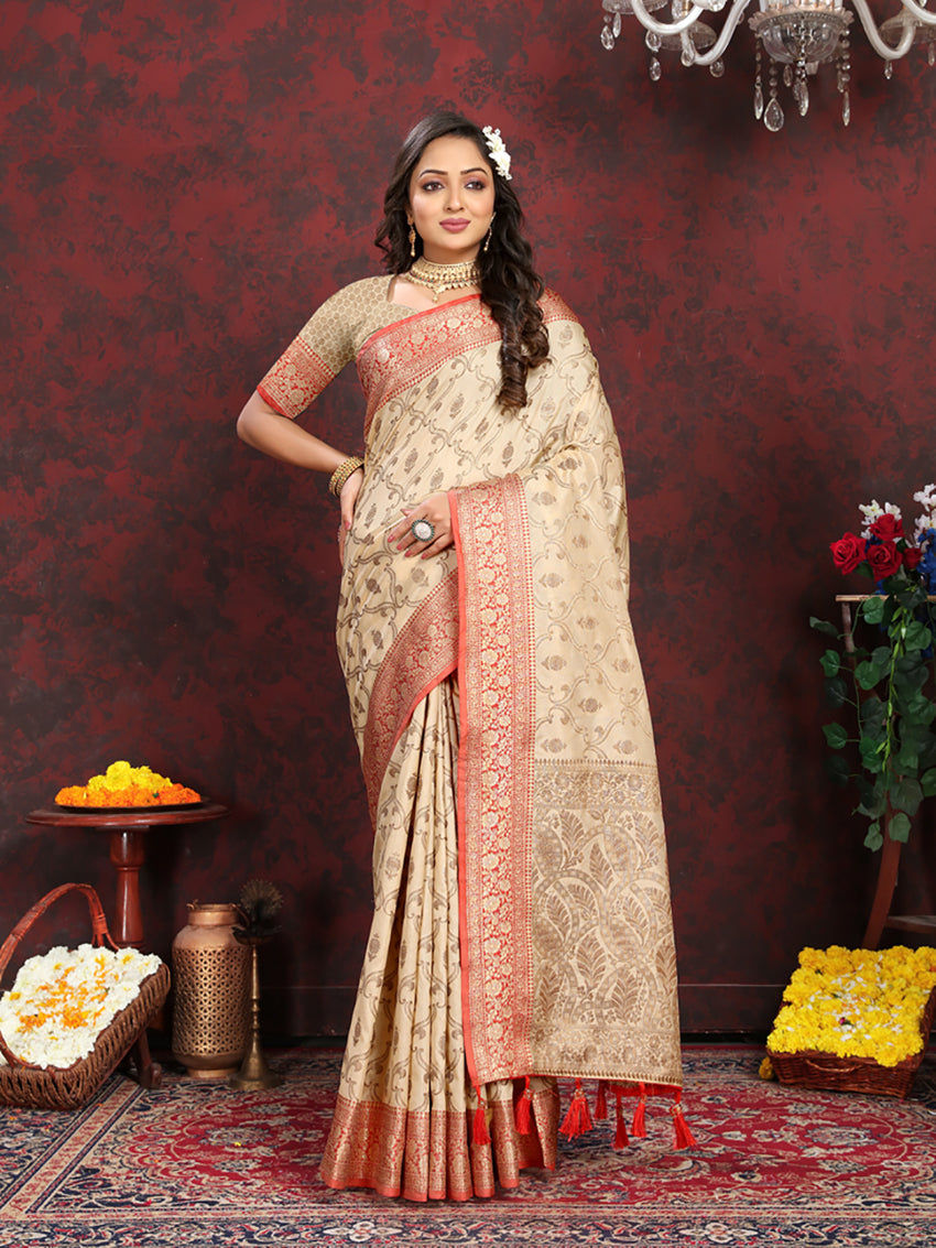 Lorenvalley Fashion Cream Soft Katan Silk Woven Design Rich Zari Weaving Pallu Saree
