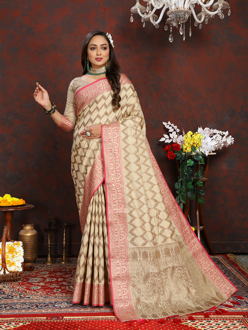 Lorenvalley Fashion Cream Soft Katan Silk Woven Design Rich Zari Weaving Pallu Saree