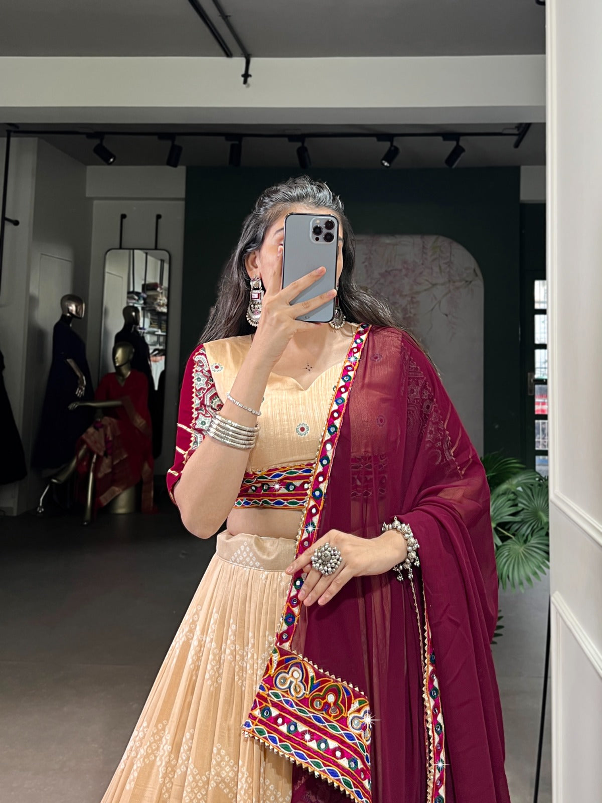 Lorenvalley Fashion Cream Tasar Silk Print with Foil Work and Real Mirror Gamthi Work with Lace Touch Up Lehenga Choli with Dupatta