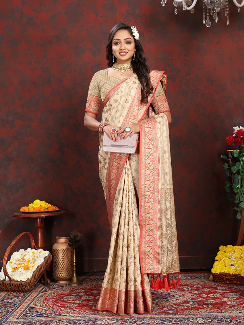 Lorenvalley Fashion Cream Soft Katan Silk Woven Design Rich Zari Weaving Pallu Saree