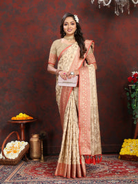 Thumbnail for Lorenvalley Fashion Cream Soft Katan Silk Woven Design Rich Zari Weaving Pallu Saree