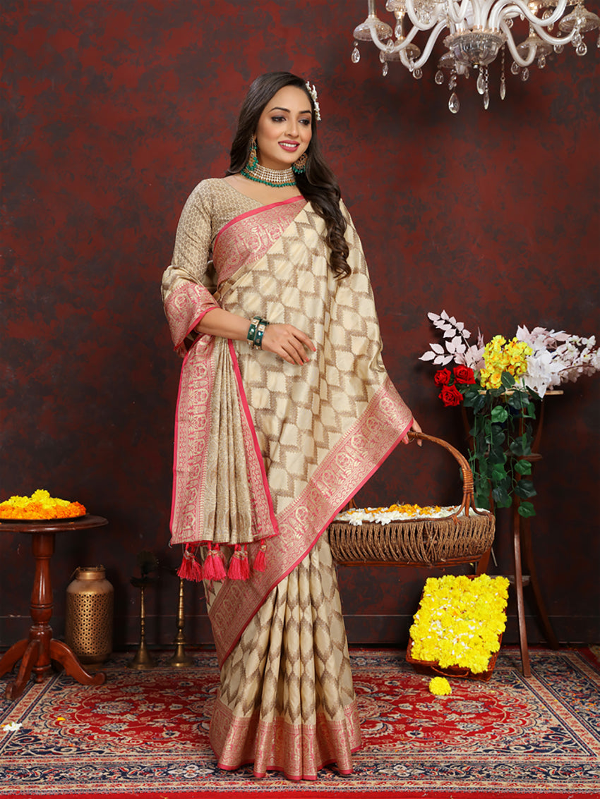 Lorenvalley Fashion Cream Soft Katan Silk Woven Design Rich Zari Weaving Pallu Saree