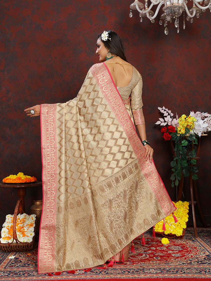Lorenvalley Fashion Cream Soft Katan Silk Woven Design Rich Zari Weaving Pallu Saree