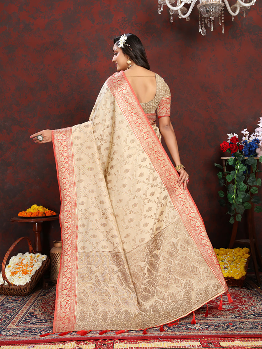 Lorenvalley Fashion Cream Soft Katan Silk Woven Design Rich Zari Weaving Pallu Saree