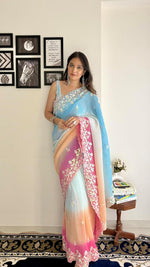 Thumbnail for Vamika Embroidery Sky Blue Georgette Bollywood Saree - Distacart