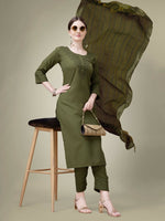 Thumbnail for Jyoti Fashion Women's Mehendi Cotton Blend Embroidery & Sequence work Kurta with Trouser & Dupatta - Distacart
